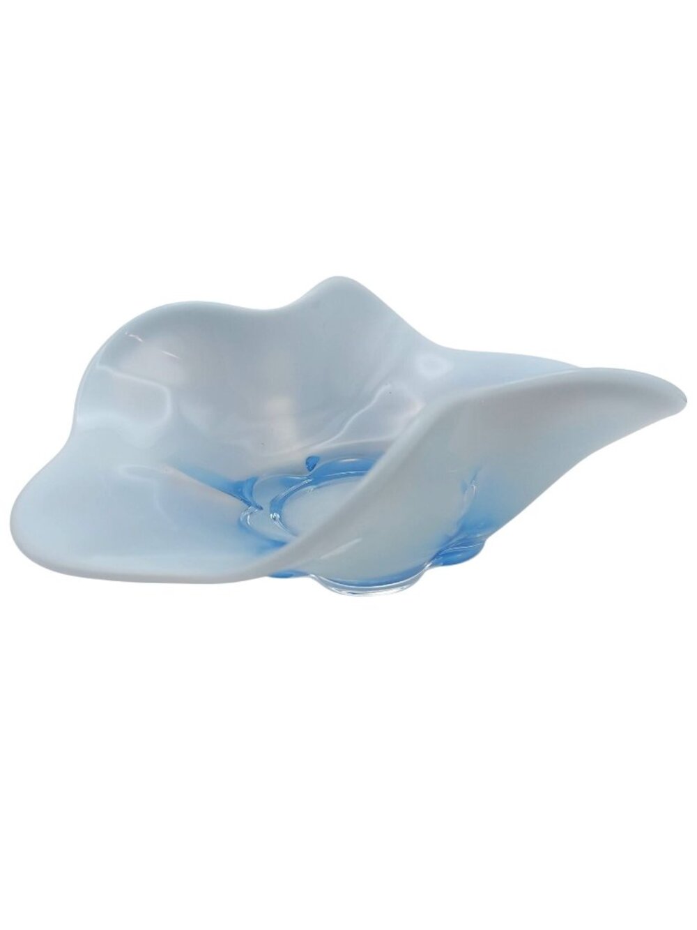 Duncan & Miller Glass Bowl Hand Blown Opalescent Canterbury Blue Ruffled Vtg MCM